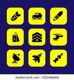 Military vector icon set. tags, car, destroyer and rocket