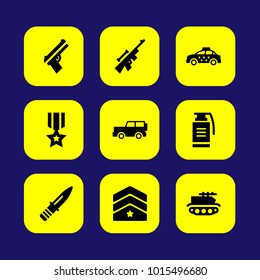 Military vector icon set. tank, car, medal and rank