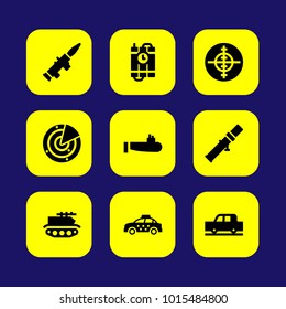 Military vector icon set. taxi, car, bazooka and dynamite