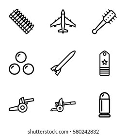 military vector icons. Set of 9 military outline icons such as mace, canon ball, rank, cannon, bullet, ammo, plane