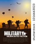 Military vector illustration, Army background, soldiers silhouettes, Artillery, Cavalry, Airborne.