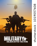 Military vector illustration, Army background, soldiers silhouettes, Artillery, Cavalry, Airborne, Army Medical.