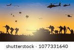 Military vector illustration, Army background, soldiers silhouettes, Artillery, Cavalry, Airborne, Army Medical.