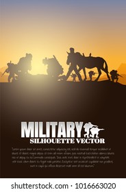 Military vector illustration, Army background, soldiers silhouettes, Artillery, Cavalry, Airborne, Army Medical.