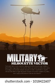 Military vector illustration, Army background, soldiers silhouettes, Artillery, Cavalry, Airborne, Army Medical.
