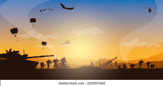 Military vector illustration, Army background, soldiers silhouettes, Artillery, Cavalry, Airborne, Army Medical.