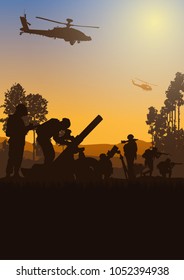 Military vector illustration, Army background, soldiers silhouettes, Artillery silhouettes vector, Cavalry silhouettes vector, Airborne vector.