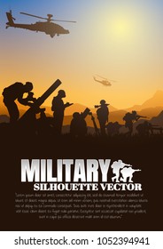 Military vector illustration, Army background, soldiers silhouettes, Artillery silhouettes vector, Cavalry silhouettes vector, Airborne vector.