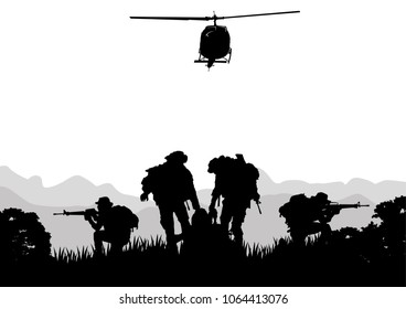 Military vector illustration, Army background of soldier silhouettes. Artillery, Cavalry, Airborne or Army Medical.