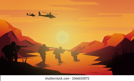 Military vector illustration, Army background, soldiers silhouettes, Artillery, Cavalry, Airborne, Army Medical.