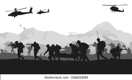 Military vector illustration, Army background, soldiers silhouettes, Artillery, Cavalry, Airborne, Army Medical.