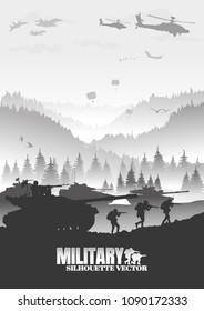 Militärische Vektorillustration Illustration, Armeehintergrund, Soldaten-Silhouetten, Artillerie, Kavallerie, Airborne, Army Medical.