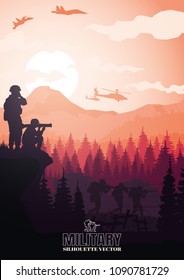 Military vector illustration, Army background, soldiers silhouettes, Artillery, Cavalry, Airborne, Army Medical.