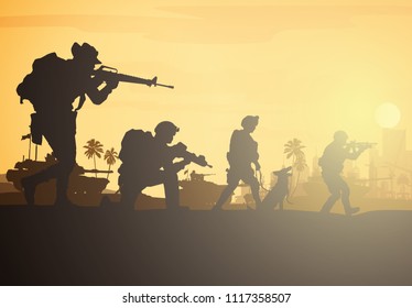 Military vector illustration, Army background, soldiers silhouettes, Artillery, Cavalry, Airborne, Army Medical.