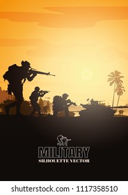 Militärische Vektorillustration Illustration, Armeehintergrund, Soldaten-Silhouetten, Artillerie, Kavallerie, Airborne, Army Medical.