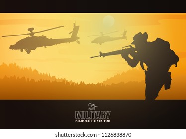 Military vector illustration, Army background, soldiers silhouettes, Artillery, Cavalry, Airborne, Army Medical.