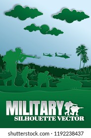 Military vector illustration, Army background, soldiers paper art style.