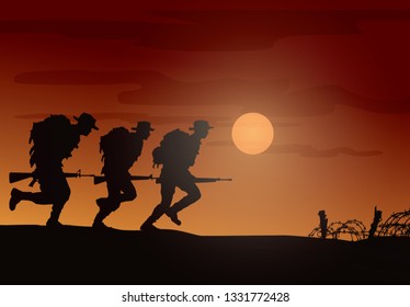 Military vector illustration, Army background, soldiers silhouettes.