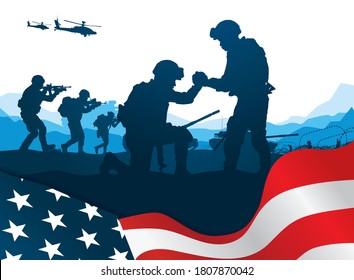 Military Vector Illustration, Army Background, Soldiers Silhouettes, Happy Veterans Day .	
