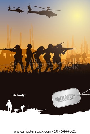 Military vector illustration, Army background, soldiers silhouettes, Artillery, Cavalry, Airborne, Close Quarter Battle, Army Medical.