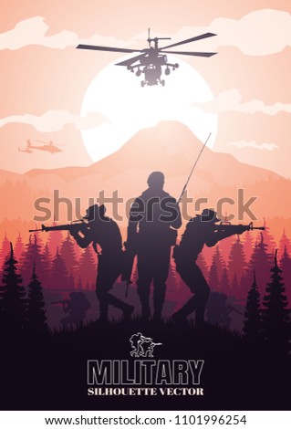 Military vector illustration, Army background, soldiers silhouettes, Artillery, Cavalry, Airborne, Army Medical.