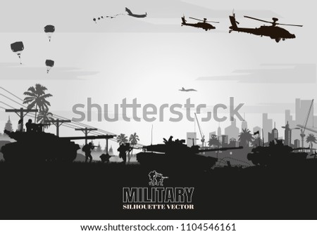 Military vector illustration, Army background, soldiers silhouettes, Artillery, Cavalry, Airborne, Army Medical.
