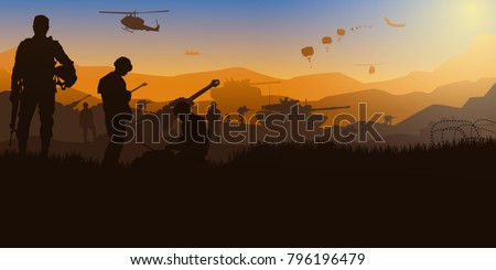 Military vector illustration, Army background, soldiers silhouettes, Artillery, Cavalry, Airborne, Army Medical.