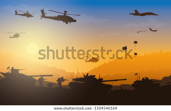 Military\
vector illustration, Army background, soldiers silhouettes,\
Artillery, Cavalry, Airborne, Army\
Medical.