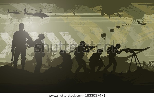 Military vector illustration, Army\
background, soldiers\
silhouettes.