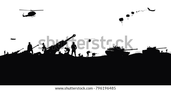 軍のベクターイラスト 陸軍の背景 兵士のシルエット 砲兵 騎兵 空挺 軍医 のベクター画像素材 ロイヤリティフリー