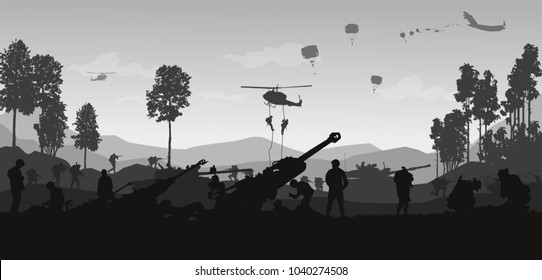 Military vector illustration, Army soldiers, Artillery silhouettes vector, Cavalry silhouettes vector, Military silhouettes background, Airborne silhouettes vector.