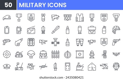 Military vector line icon set.Contain linear outline icons like Soldier, War, Weapon, Rocket, Pistol, Knife, Gun, Army, Helicopter, Revolver, Grenade, Dynamite, Rifle, Helmet. Editable use and stroke.