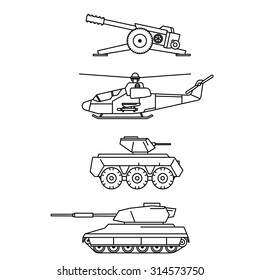Military vector set. Outline cannon, helicopter, armored troop-carrier and tank design. Weapon icon, pictogram collection.