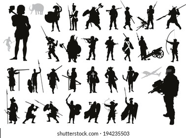Military vectors. Ancient and modern soldiers. Detailed silhouettes collection