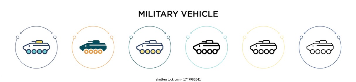 Military Vehicle Icon In Filled, Thin Line, Outline And Stroke Style. Vector Illustration Of Two Colored And Black Military Vehicle Vector Icons Designs Can Be Used For Mobile, Ui, Web