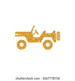 Military vehicle icon in gold glitter texture. Sparkle luxury style vector illustration.