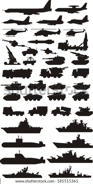 military vehicle\
plane and boats\
silhouettes
