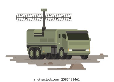 Military Vehicle Radar Truck Vector Illustration. Isolated on White, Flat Style and Fully Editable