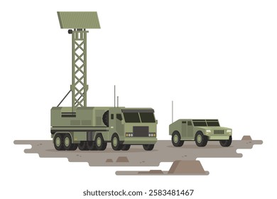 Military Vehicle Radar Truck Vector Illustration. Isolated on White, Flat Style and Fully Editable