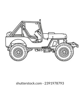 Military vehicle vector army 4X4 car vector illustration line art, Side view, Hand-Drawn Outline Design, isolated on white background
