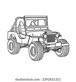 Military vehicle vector army 4X4 car vector illustration line art, Hand-Drawn Outline Design, isolated on white background