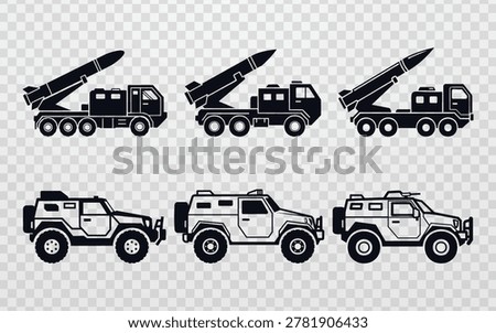 Military vehicle vector set with missile launcher trucks and armored cars, ideal for defense graphics, army icons, transport designs, tactical posters, stickers, and decals.