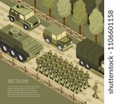 Military vehicles composition with editable text and view army battalion with transport units on country road vector illustration