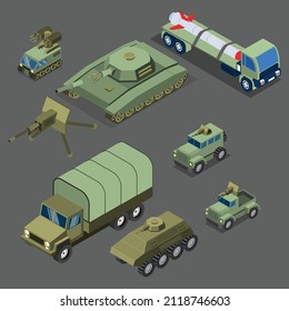 Vehículos militares isométricos 3d concepto de ilustración vectorial banner, sitio web, página de aterrizaje, anuncios, plantilla de volante