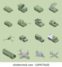 Military vehicles isometric set with tank cannon, rocket launcher jet fighter self propelled howitzer isolated icons vector illustration