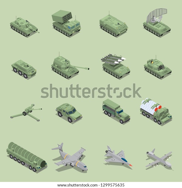 Military vehicles isometric set with tank\
cannon, rocket launcher jet fighter self propelled howitzer\
isolated icons vector\
illustration