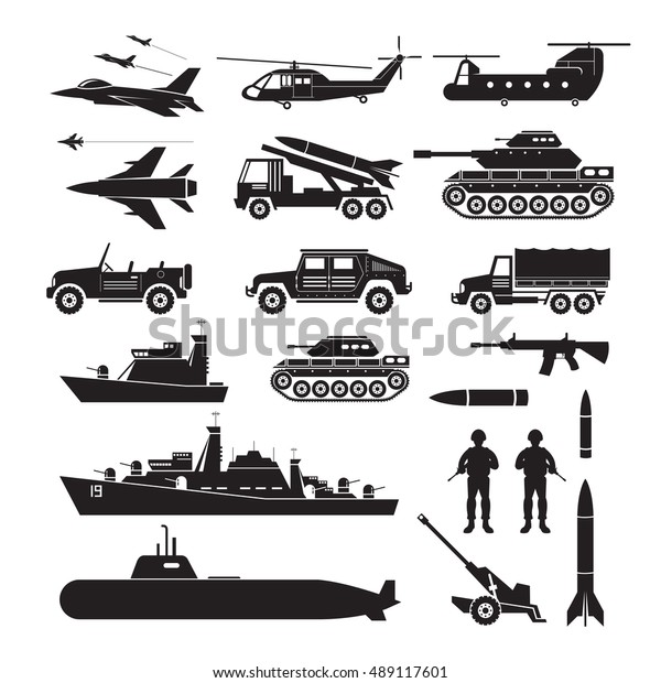 Military\
Vehicles Object Silhouette Set, Side View, Army, Air Force, Navy,\
Marine, Black and White Icons and\
Symbols