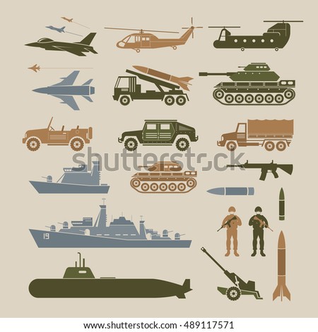Military Vehicles Object Symbols Set, Side View, Army, Air Force, Navy, Marine, Icons