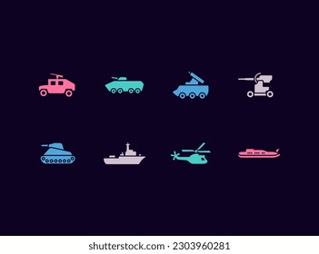 Military vehicles vector icon set. War transportation icons. Army weapons and armament.