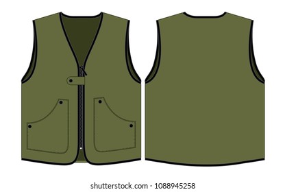 Military Vest with Pockes Template on White Background. Front and Back Views, Vector FIle.